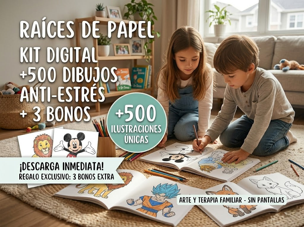 Raíces de Papel | Kit Digital +500 Dibujos Anti-estrés + 3 Bonos.